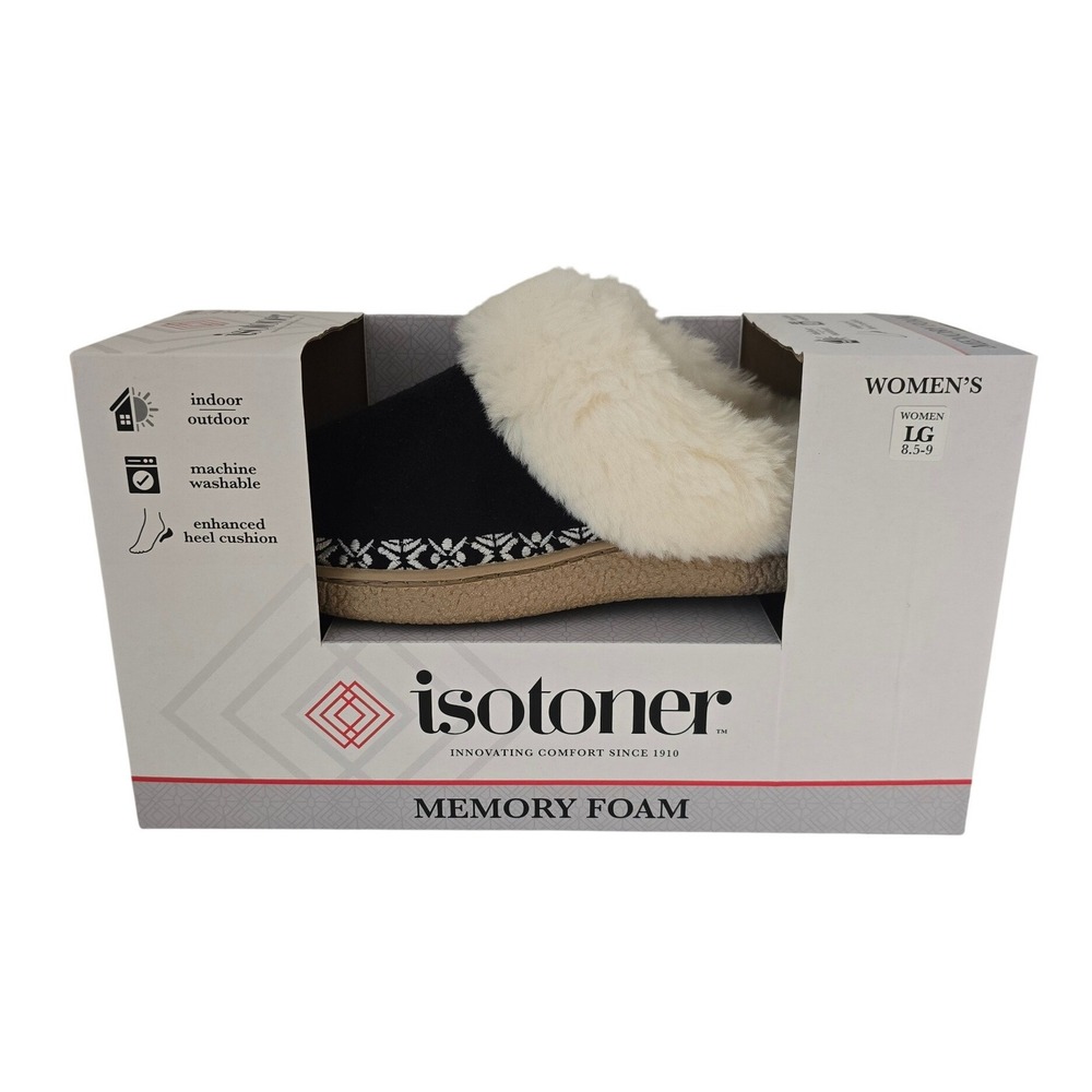 Isotoner Womens Memory Foam Slippers Black Faux Fur Clog Indoor Outdoor 8.5-9 L